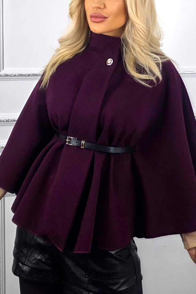 Palton tip poncho Amalia, curea inclusa si croi evazat, Mov inchis, Marime S/M - 2 | YEO