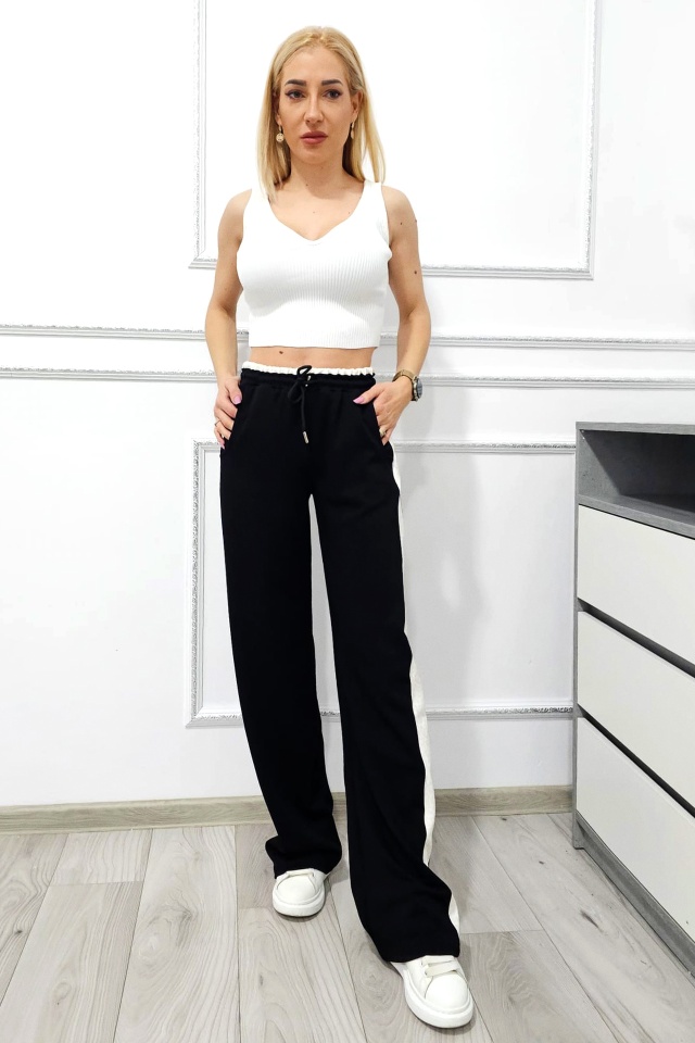 Pantaloni casual animal print ALFA OISO, croiala wide leg si snur in talie, Negru - 1 | YEO