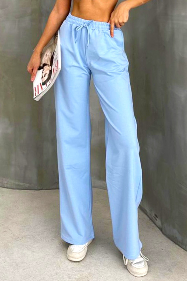 Pantaloni casual HIKE, croiala wide leg si snur in talie, Albastru baby blue - 1 | YEO