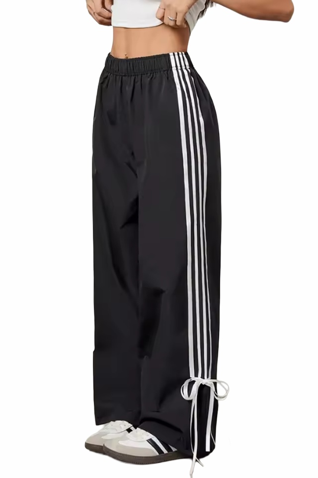 Pantaloni casual, Palazzo RIVA, cu dungi și funde decorative, Negru