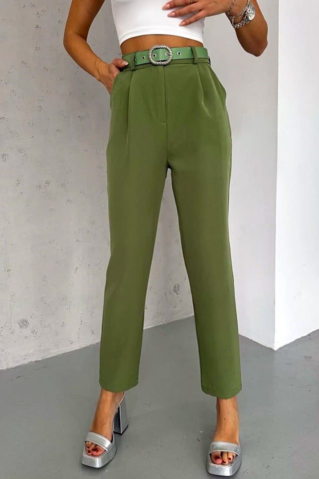 Pantaloni eleganti Malon, cu pense si curea asortata, Verde - 2 | YEO