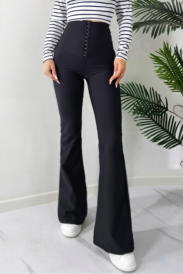 Pantaloni evazati cu talie inalta, corset HAW, inchidere metalica, Negru - 1 | YEO