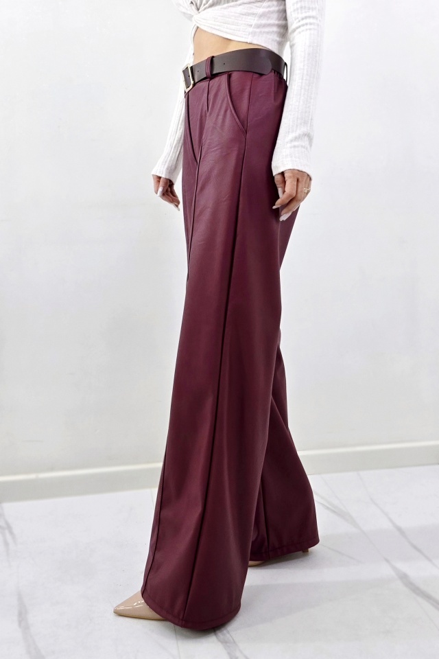 Pantaloni lungi, vatuiti din piele eco, Leonis, cu banda elastica si buzunare, Bordo, Marime S/M