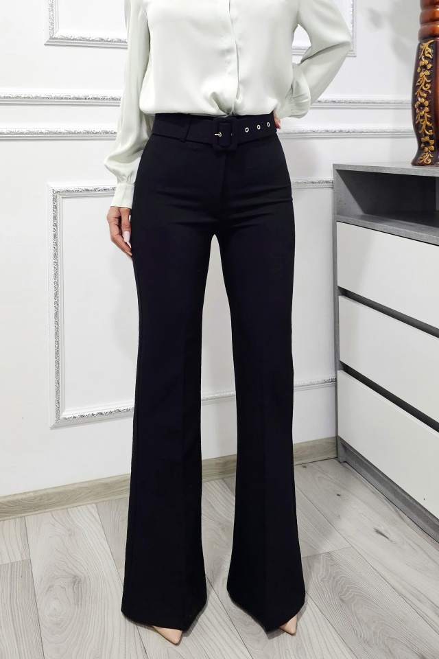 Pantaloni office VELLAR, croiala slim evazat si curea asortata, Negru - 3 | YEO