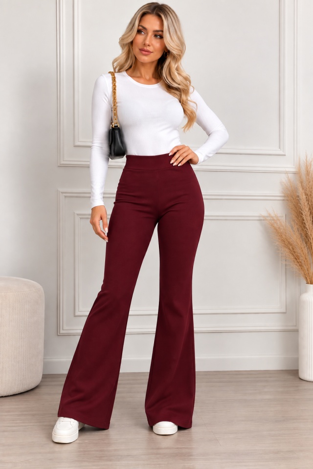 Pantaloni Politeh, evazati, cu talie inalta, Rosu inchis, Marime S/M