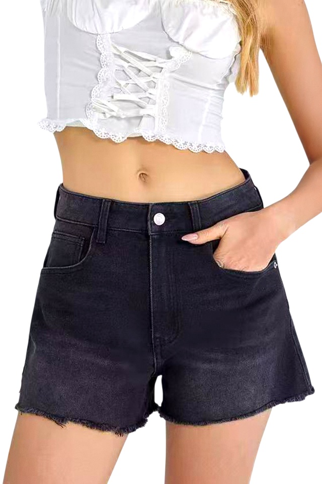 Pantaloni scurti de blugi La PAZ, cu talie inalta si tiv franjuri, Negru prespalat - 3 | YEO