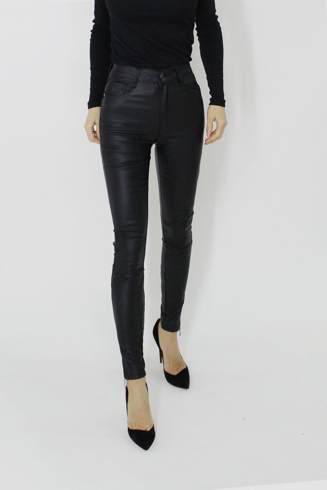 Pantaloni skinny push-up Goya, din piele ecologica, cu buzunare, inchidere cu nasture si fermoar pe picior, Negru - 3 | YEO