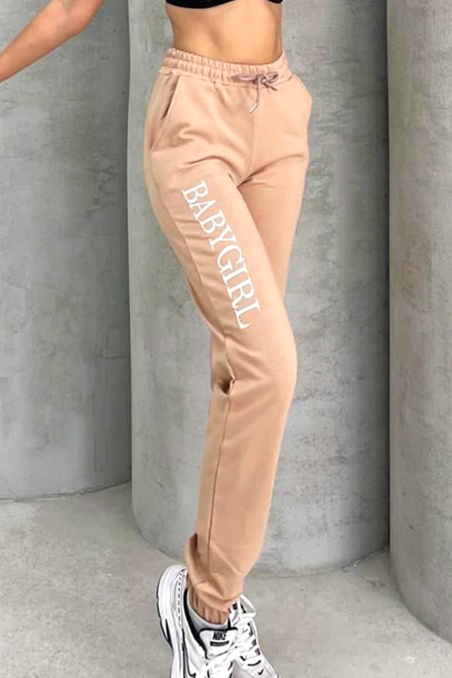 Pantaloni sport ISSA BabyGirl, cu imprimeu si banda elastica, Crem - 3 | YEO