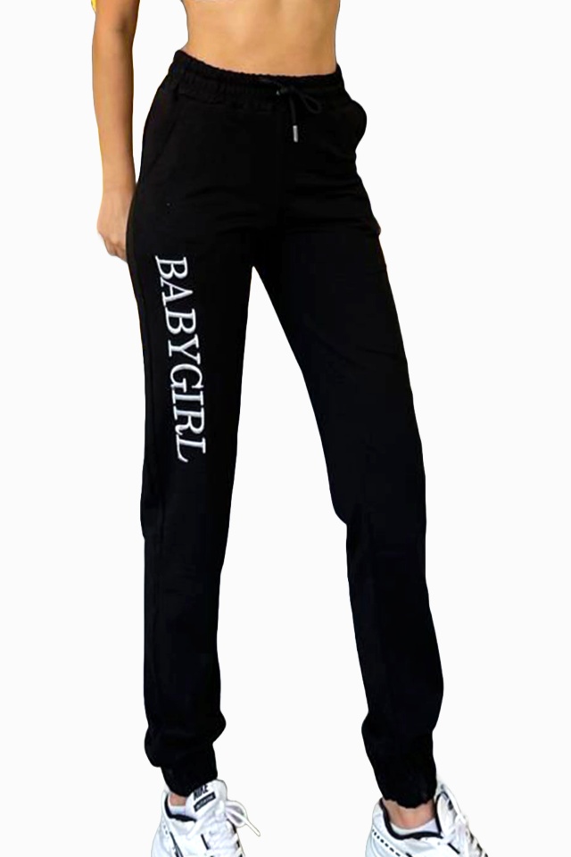 Pantaloni sport ISSA BabyGirl, cu imprimeu si banda elastica, Negru - 2 | YEO