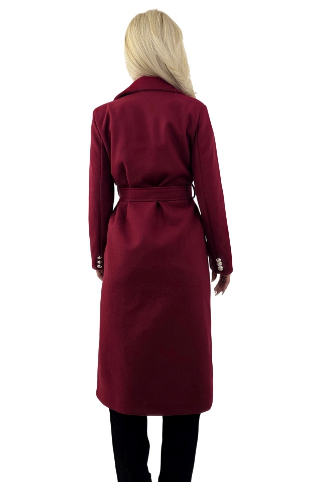 Pardesiu subtire, midi, AVELYN, cu butoni aurii si cordon, Rosu bordo