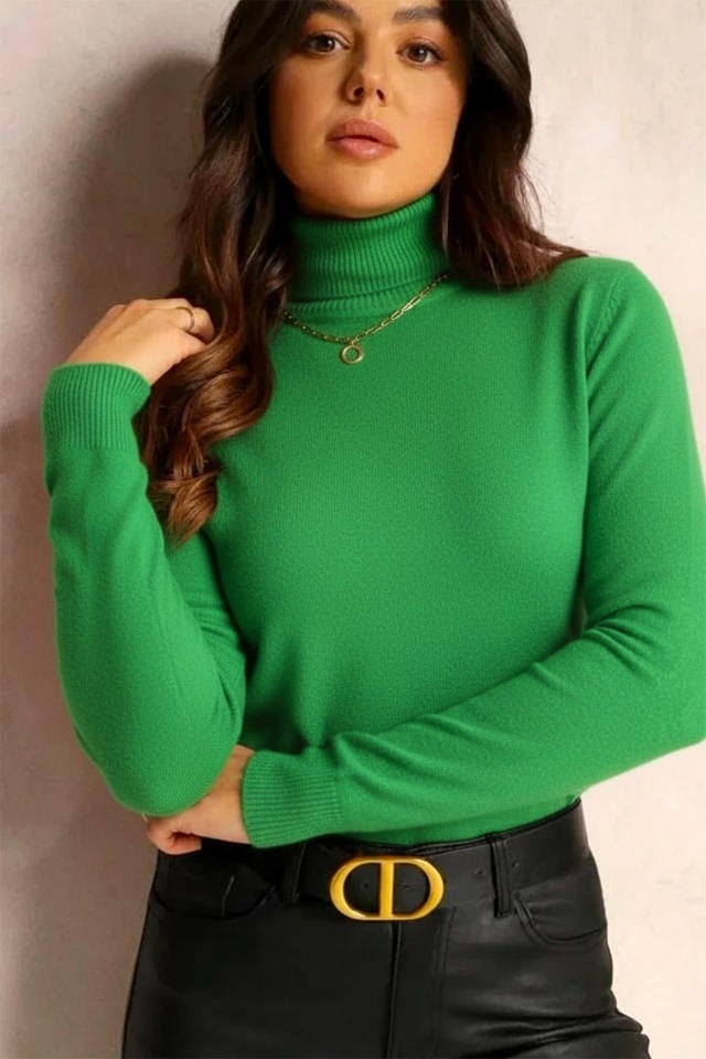 Pulover dama din tricot ARYA, cu guler rulat, Verde, Marime S/M