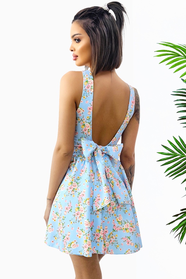 Rochie babydoll MARA, cu funda la spate si imprimeu floral, Albastru baby blue, Marime S/M/L