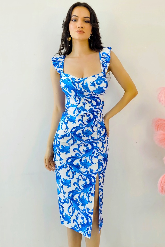 Rochie bodycon Ditsy, sliț adanc si imprimeu royal, Albastru, Marime S/M