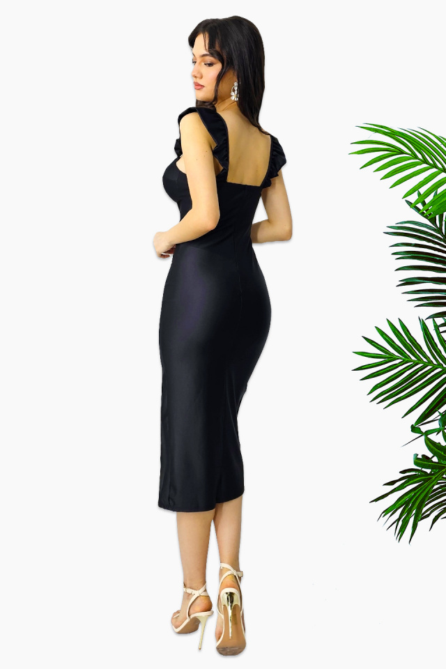 Rochie bodycon Ditsy, slit adanc si imprimeu uni, Negru, Marime S/M - 1 | YEO