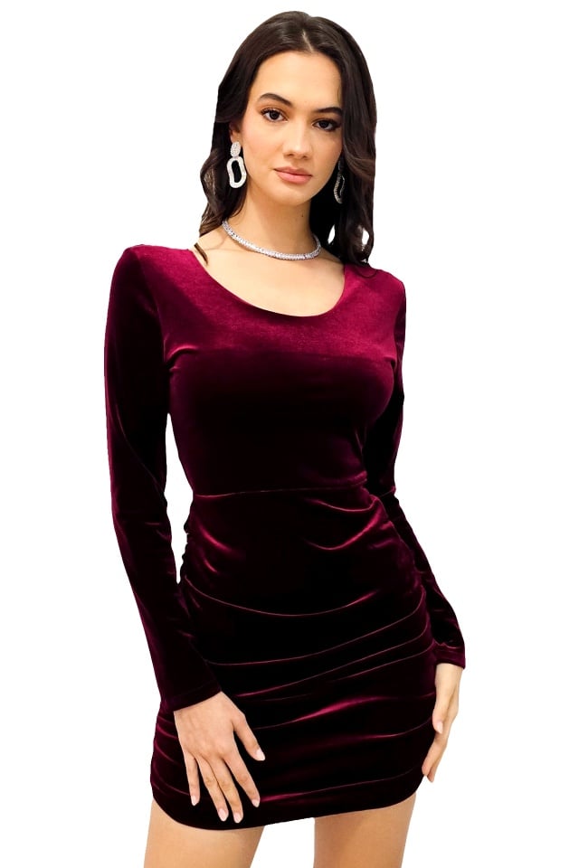 Rochie bodycon Roxane, din catifea si croiala cu spatele gol, Rosu Burgundy, Marime S/M