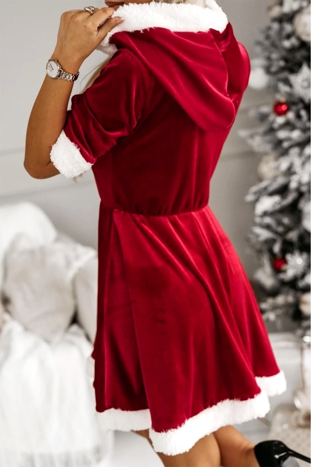 Rochie catifea, in clos Craciunita Merry Chic, cu gluga, Rosu, Marime S/M