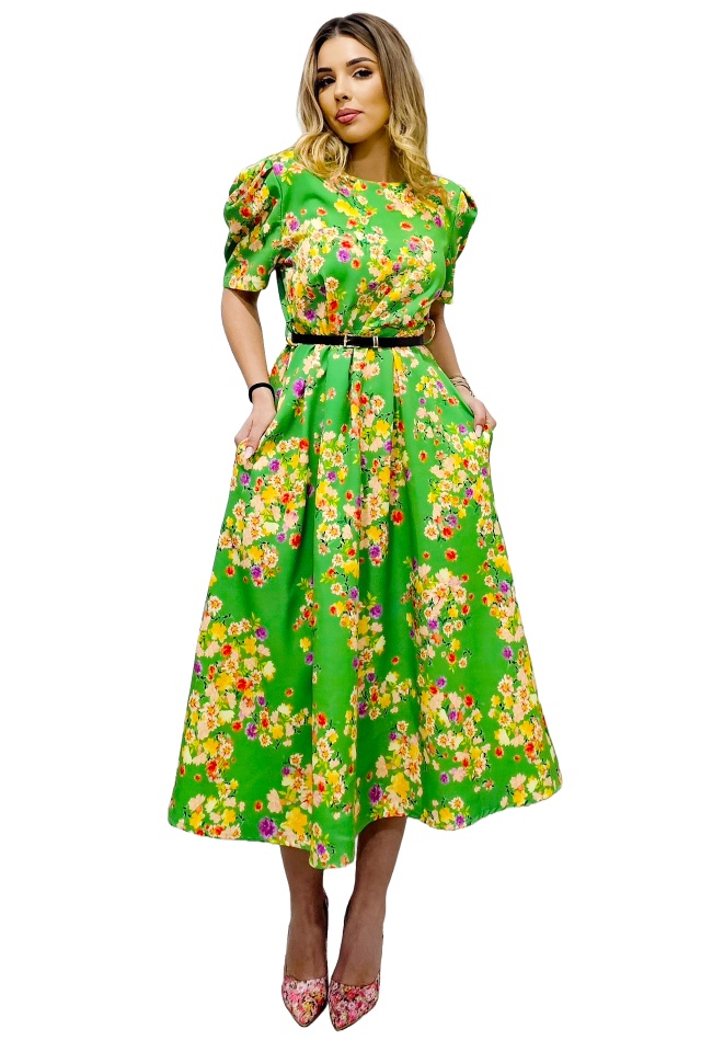 Rochie cu buzunare SOREYA, cu maneca bufanta si curea in ton, Verde Floral, Marimea S/M