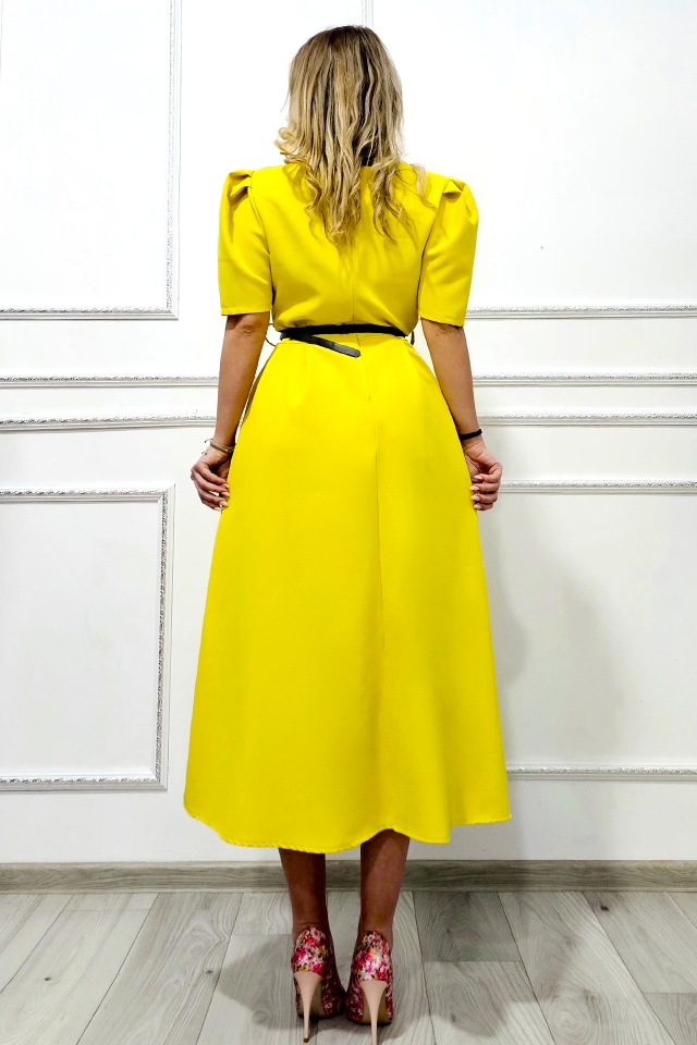 Rochie cu buzunare SOREYA, maneca bufanta si curea in ton, Galben Mustar Uni, Marimea S/M - 1 | YEO