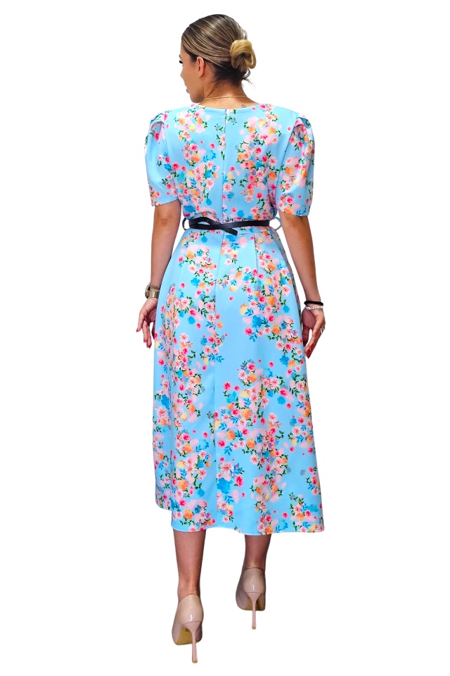 Rochie cu buzunare SOREYA, maneca bufanta si curea subtire, Albastru Floral, Marimea S/M