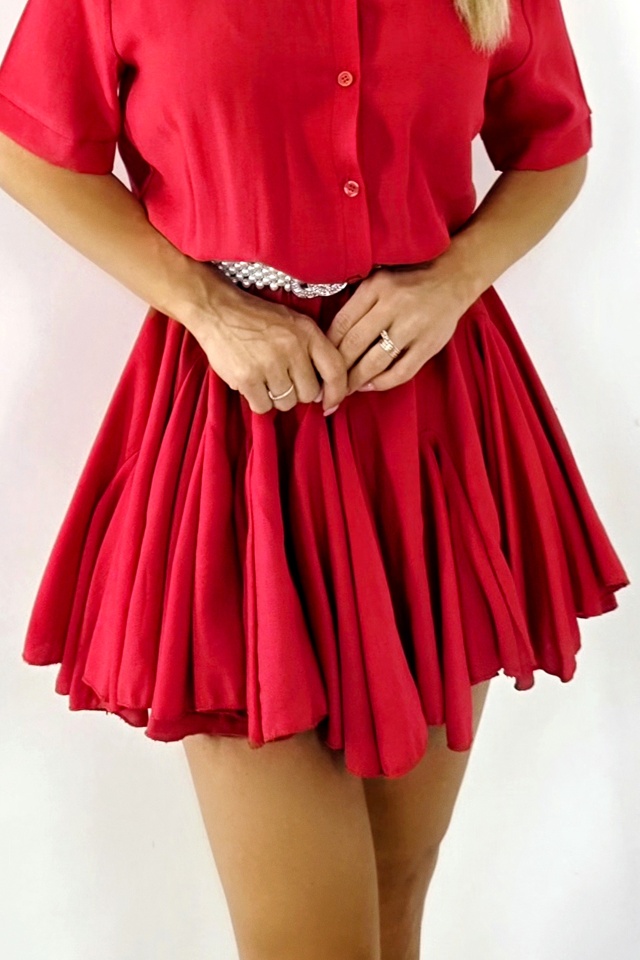 Rochie cu volane Peony Pearl, babydoll si curea inclusa, Rosu, Marime S/M