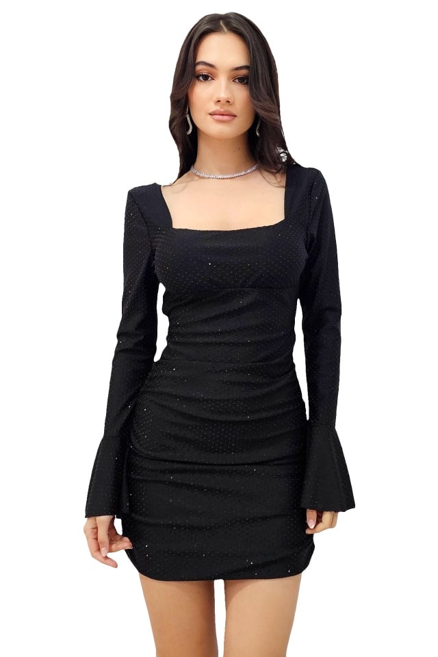 Rochie de evenimente Faylin, cu pietre si spatele gol, Negru, Marime S/M