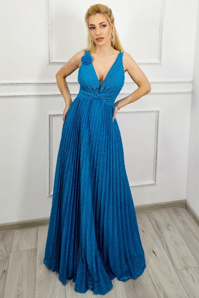 Rochie de ocazie AZARIA, cu pliuri si croiala empire, Albastru