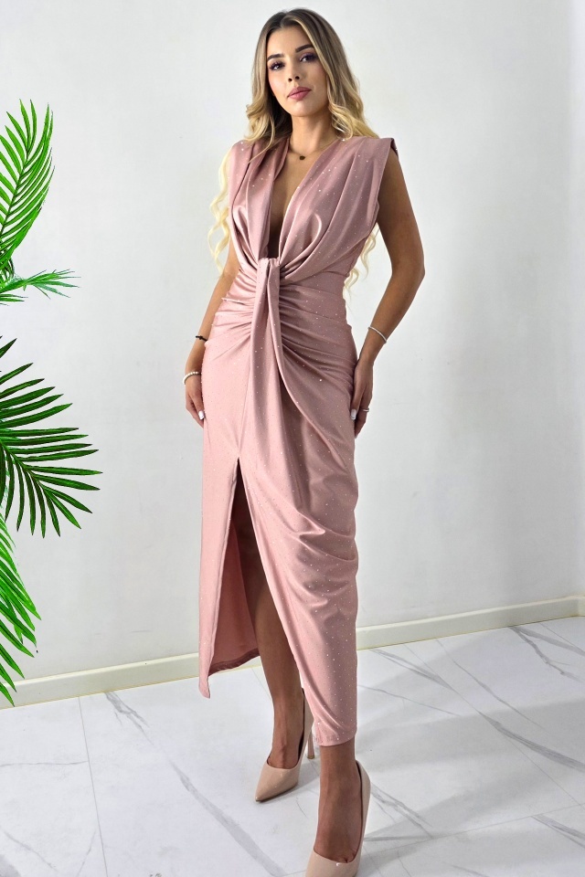 Rochie de ocazie fara maneci JHOSY, cu decolteu adanc si cristale, Roz Pudrat, Marime S/M