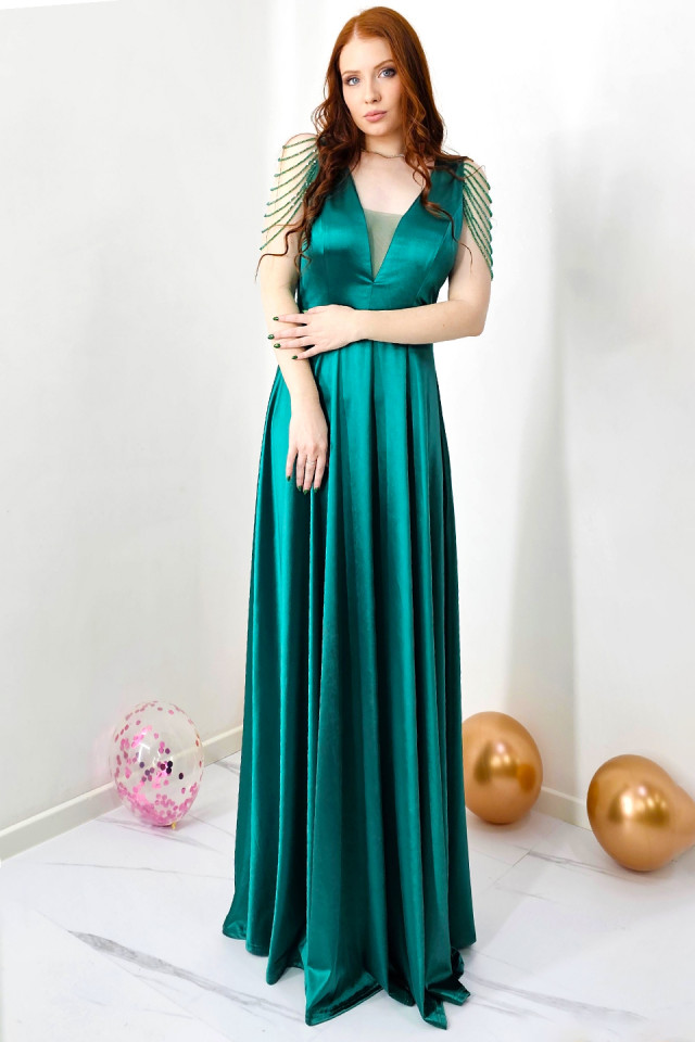 Rochie de ocazie Leontina, cu textura satinata si cristale artizanale, Verde - 3 | YEO