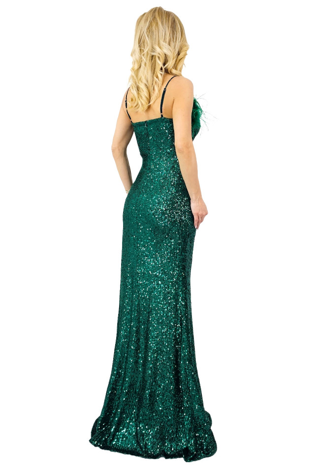 Rochie de ocazie Miss Bonita, cu aspect petrecut, paiete si pene decorative, Verde imperial