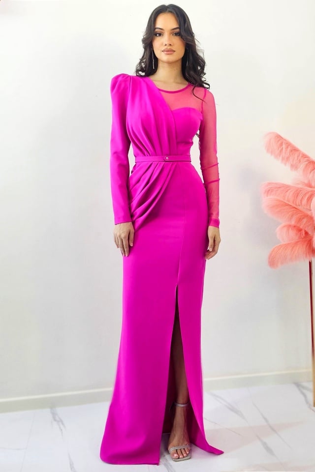 Rochie de ocazie Patricia, cu maneca lunga si detalii din tull, Fucsia