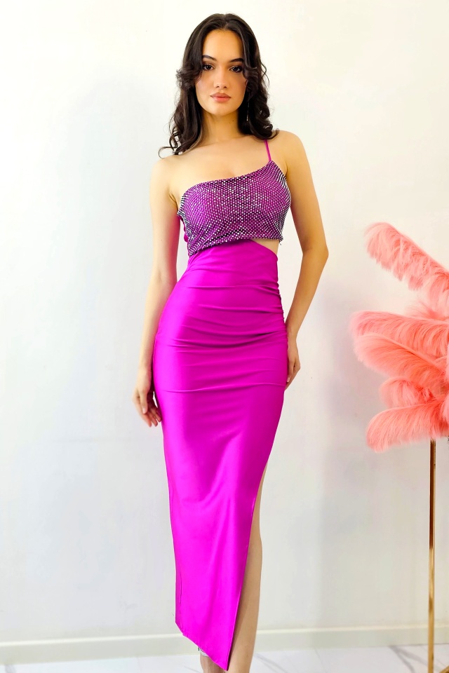 Rochie de seara LAWA, cu insertii din cristale si crapatura ampla, Fucsia, Marime S/M - 3 | YEO