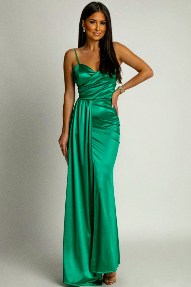 Rochie de seara satinata, OLyna, cu crapatura ampla si fald lateral, Verde, Marime S/M