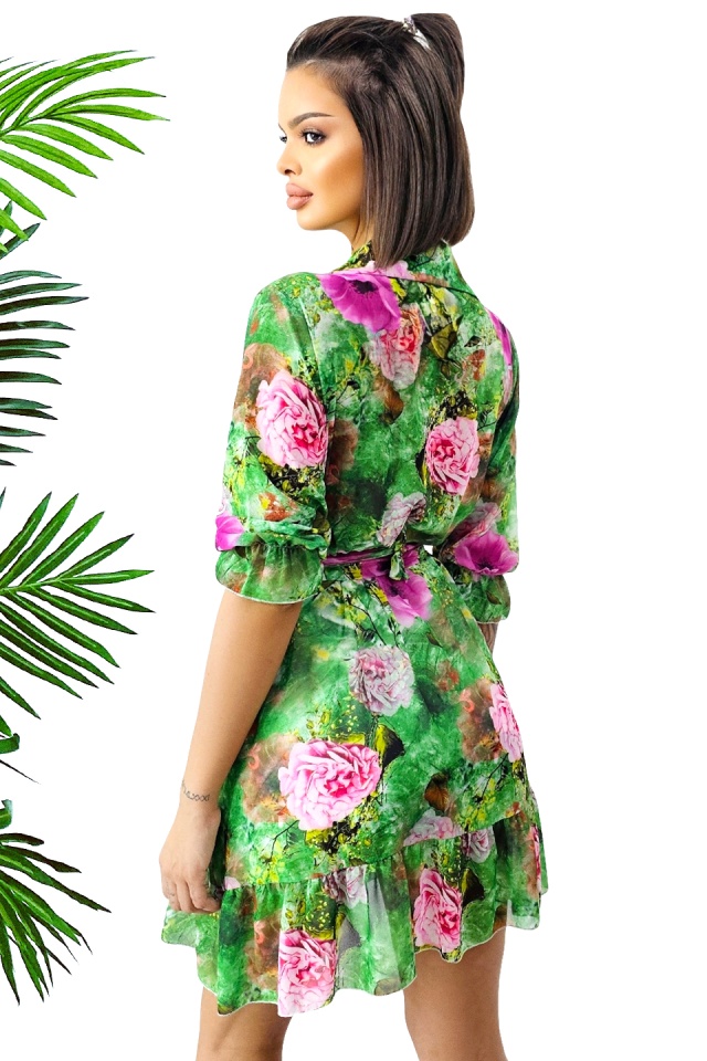 Rochie de vara Kasiana, cu maneca trei sferturi si imprimeu floral, Verde Bujor, Marime S/M/L