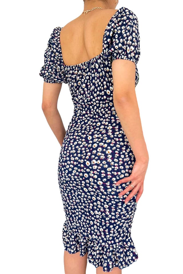 Rochie de vara Ofelia, bodycon, cu volanase si maneci bufante, Bleumarin