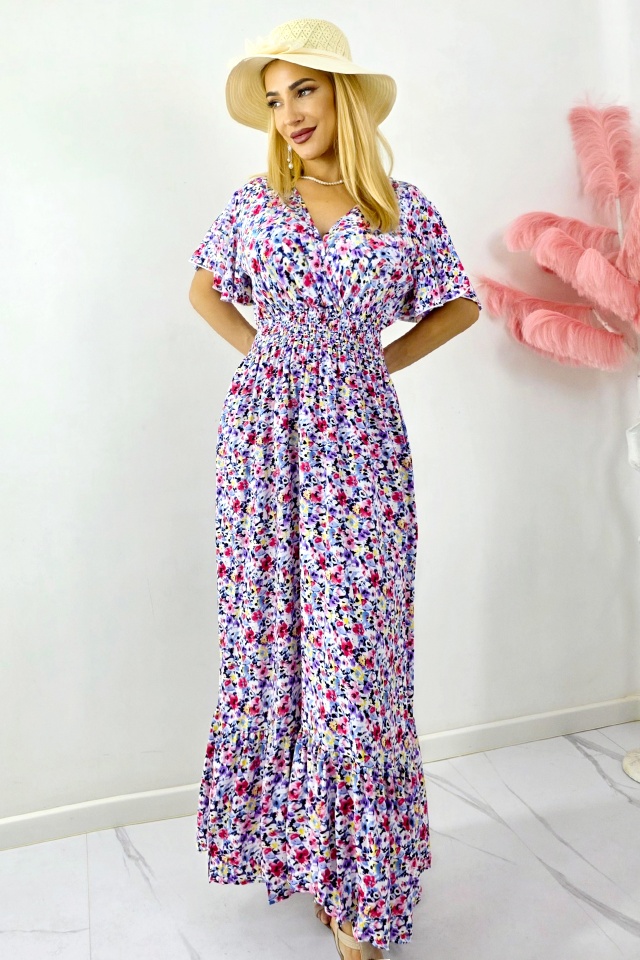 Rochie de zi Mandinga, din bumbac, cu imprimeu floral, MOV Petunia - 2 | YEO