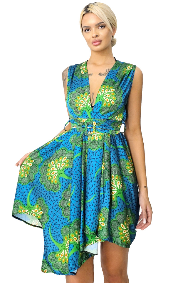 Rochie de zi Matilda, croiala asimetrica si cordon in talie, Peacock, Marime S/M