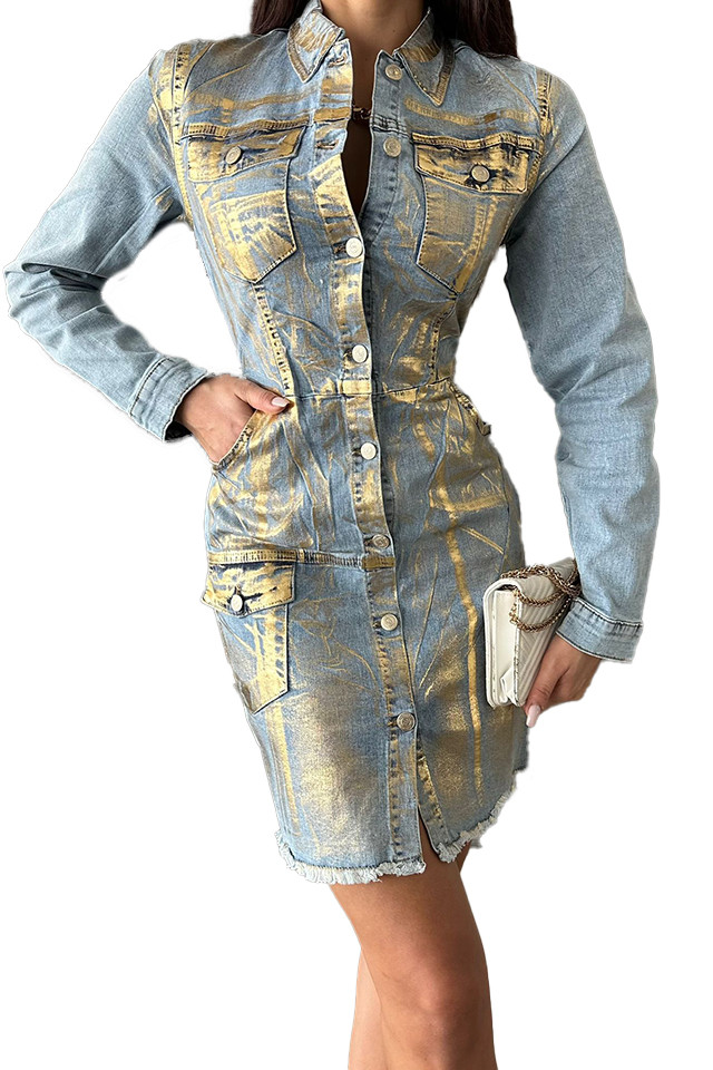 Rochie de zi Nobles, din denim, cu nasturi si imprimeu metalic auriu