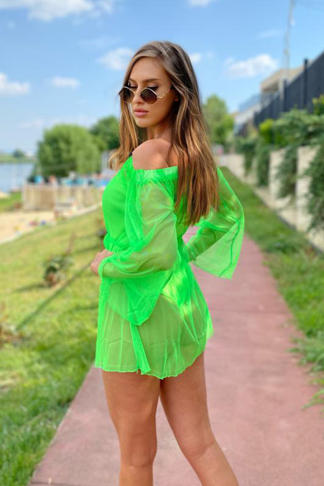 Rochie din plasa Floridas, cu maneca lunga si croiala lejera, Verde, Marime universala S/M - 1 | YEO