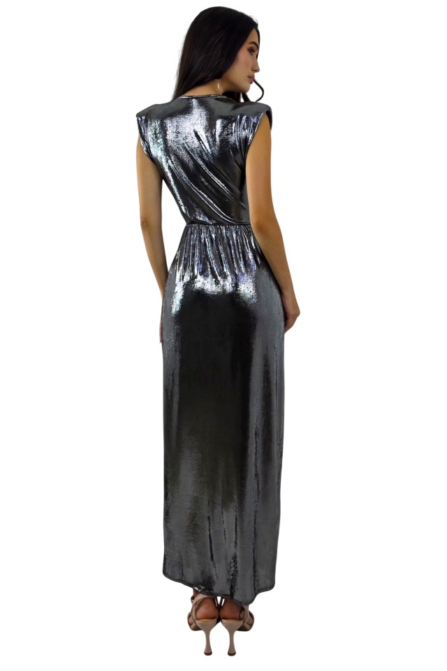 Rochie eleganta cu aspect metalic Demetra si accesoriu chic, Argintiu, Marime S/M