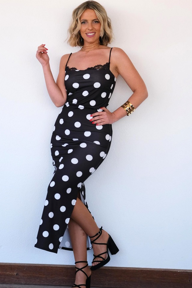 Rochie eleganta SUAVE, imprimeu cu buline si insertii din dantela, Marime S/M