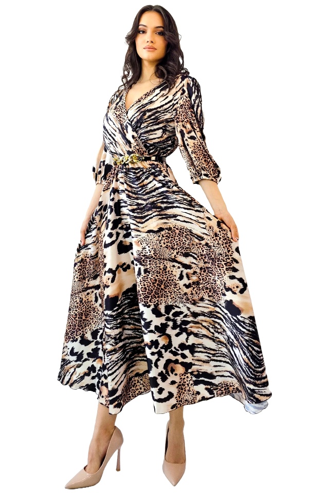 Rochie evazata LORY, cu animal print si curea metalica, Bej