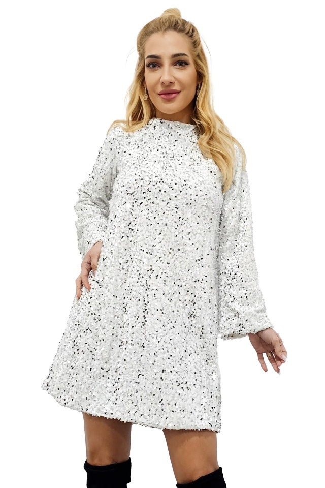 Rochie evazata scurta Tamina, cu paiete si fundita oversize la spate, Alb, Marime S/M