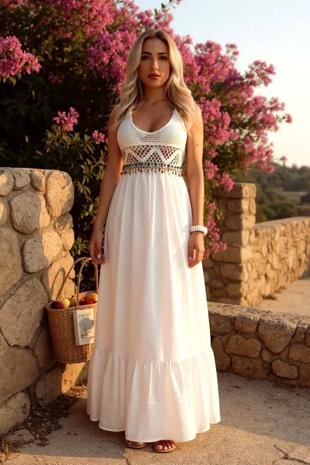Rochie lunga de plaja TWINA, cu aspect crosetat si margele, Alb - 2 | YEO