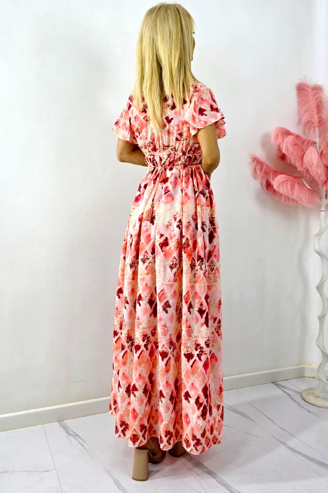 Rochie lunga ISHANI, cu aspect matasos si ciucuri decorativi, Corai, Marime S/M/L - 3 | YEO