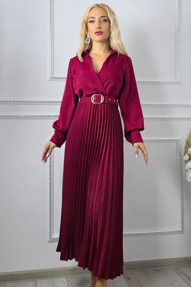 Rochie lunga plisata NOVARA, curea asortata si revere, Rosu Magenta, Marime S/M