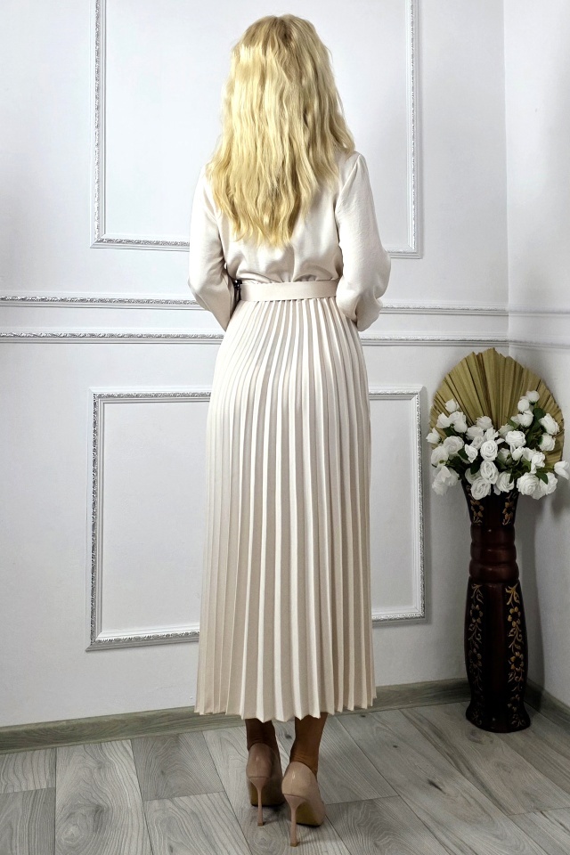 Rochie lunga plisata NOVARA, decolteu petrecut si revere, Crem, Marime S/M - 1 | YEO