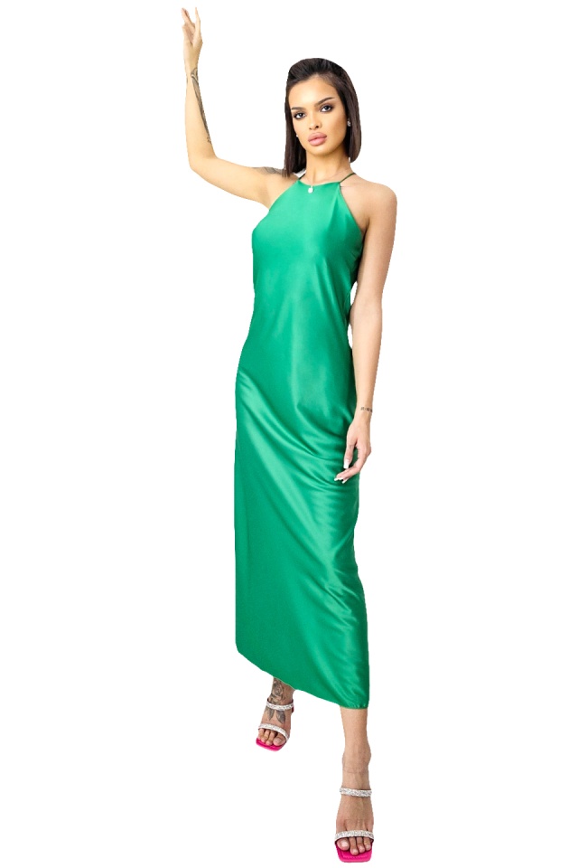 Rochie lunga satinata Priscilla, cu spatele gol si croiala halter, Verde, Marime S/M