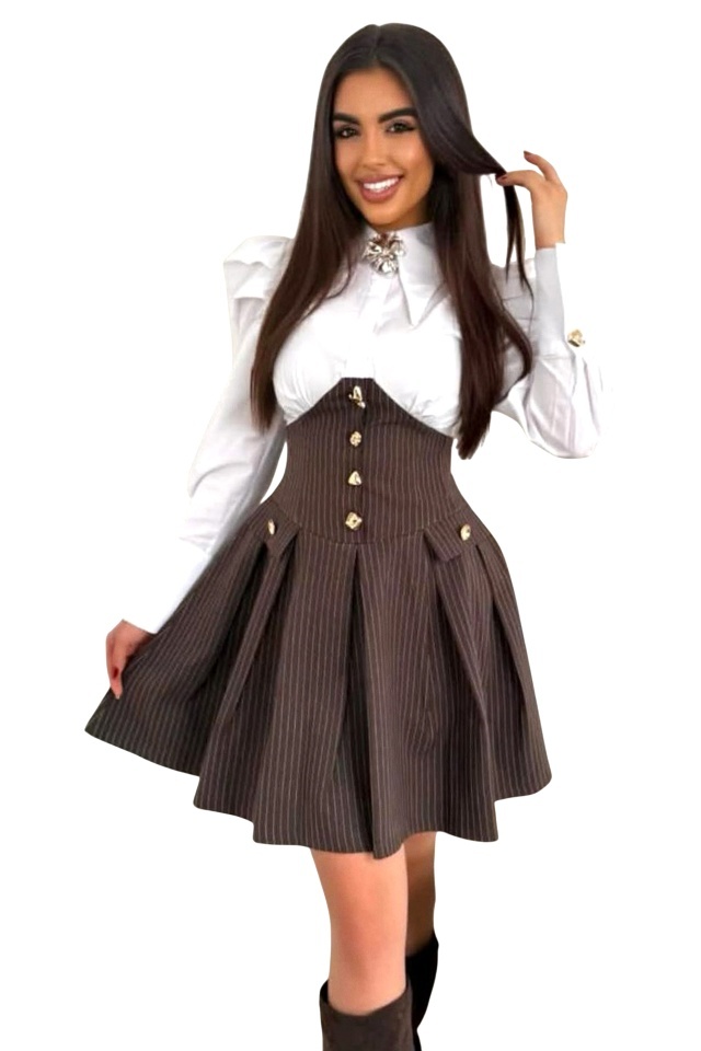 Rochie office tip camasa TOMYNA, bumbac si brosa inclusa, Maro, Marime S/M