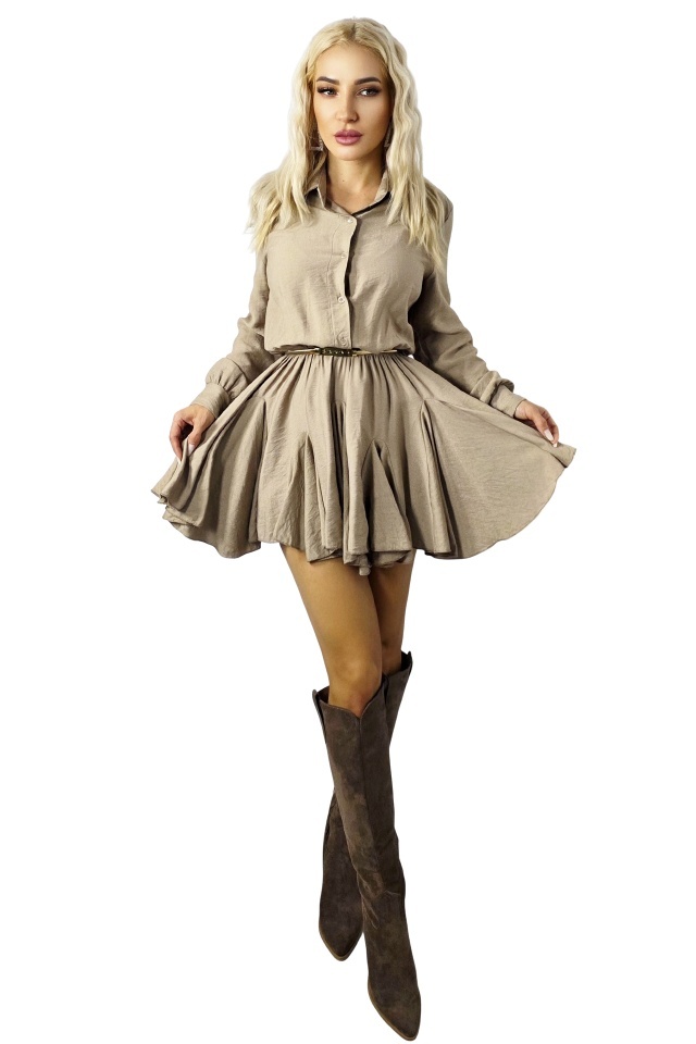 Rochie Peonette, tip camasa cu maneca lunga si volane, Bej, Marime S/M