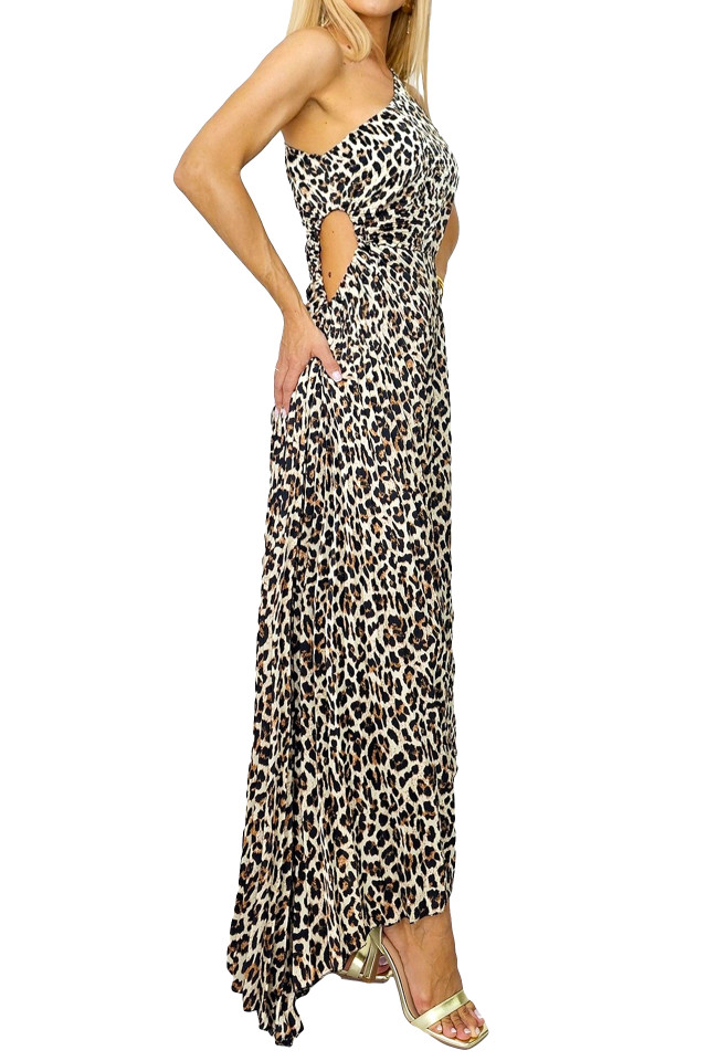 Rochie plisata asimetrica Elza, cu decupaj in zona taliei, Animal print - leopard, Marime S/M